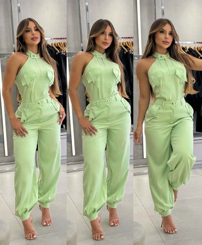 Sleeveless High Neck Cargo Pockets Design Top and Casual Cuffed Long Pants Set