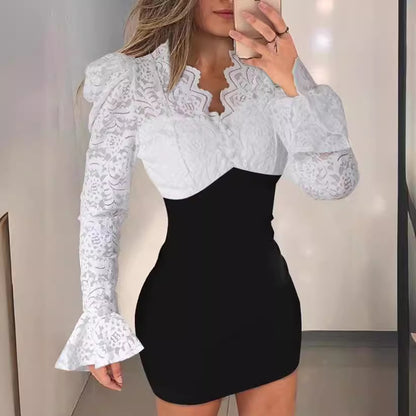 Tight Waist Slim Fit V-neck Lace Splicing Package Arm Skirt