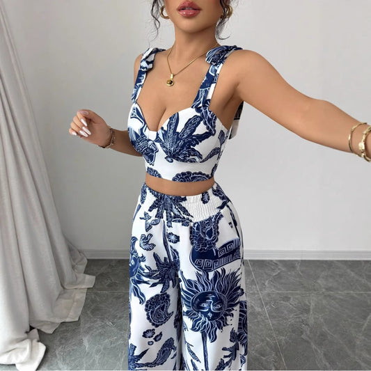 Sexy V-neck Camisole Top & Loose Waistband Wide-leg Pants