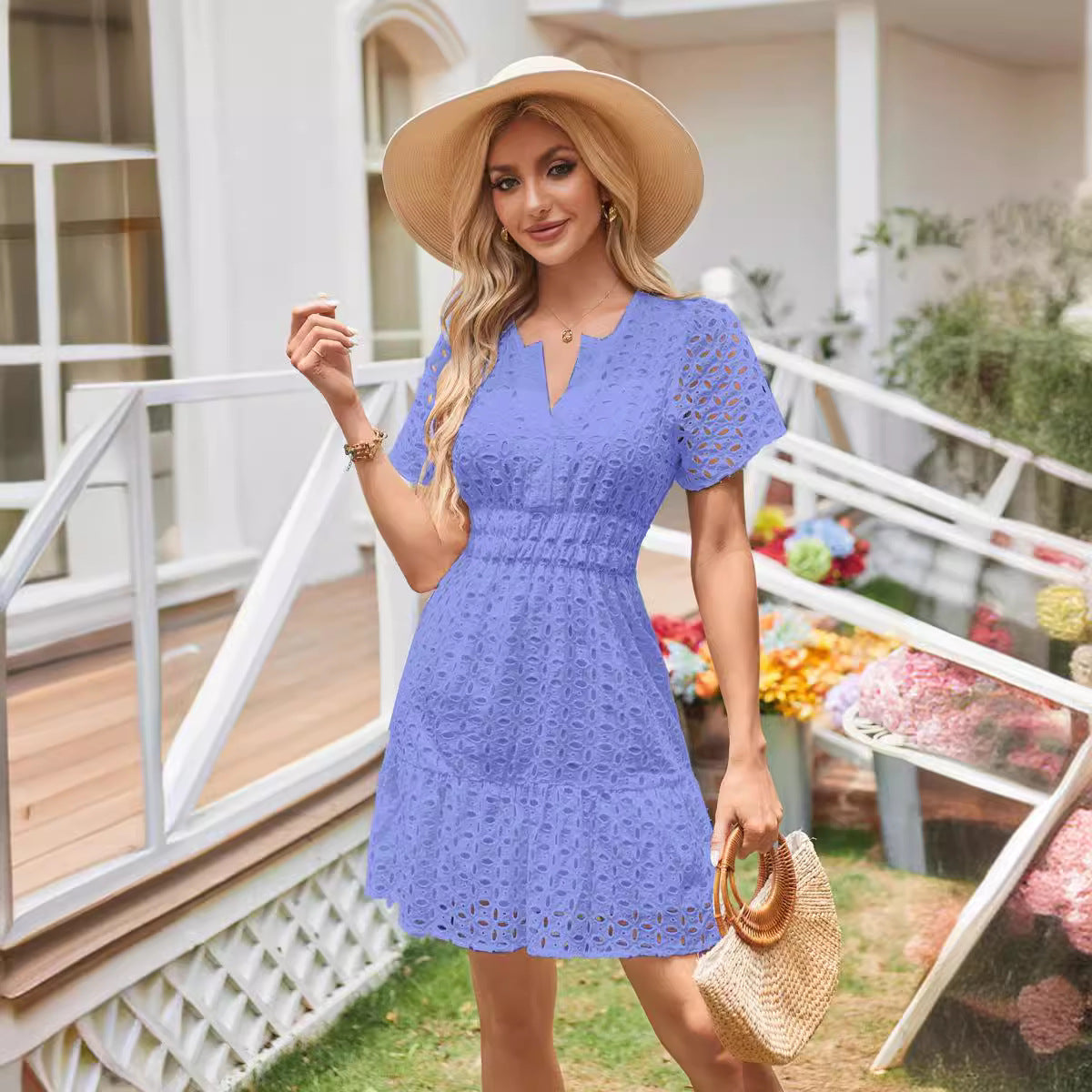Hollow Lace Pleated Short Sleeves Mini Dress