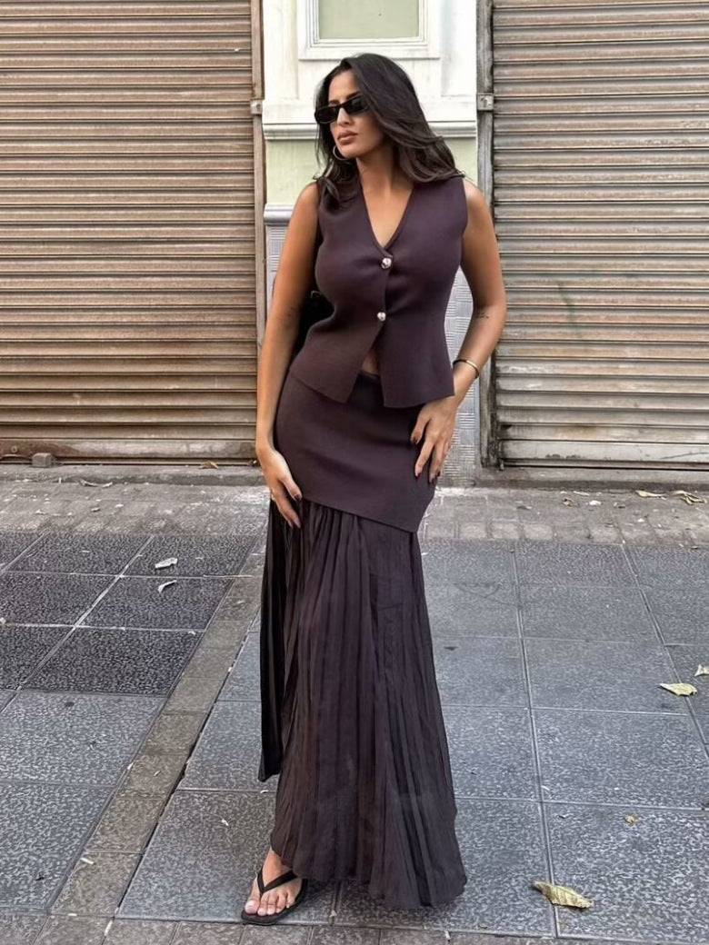 V-neck Button Knitted Vest & Pleated Skirt Set