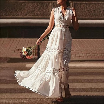 Women's V-Neck Summer Hollow Sleeveless Maxi Dress