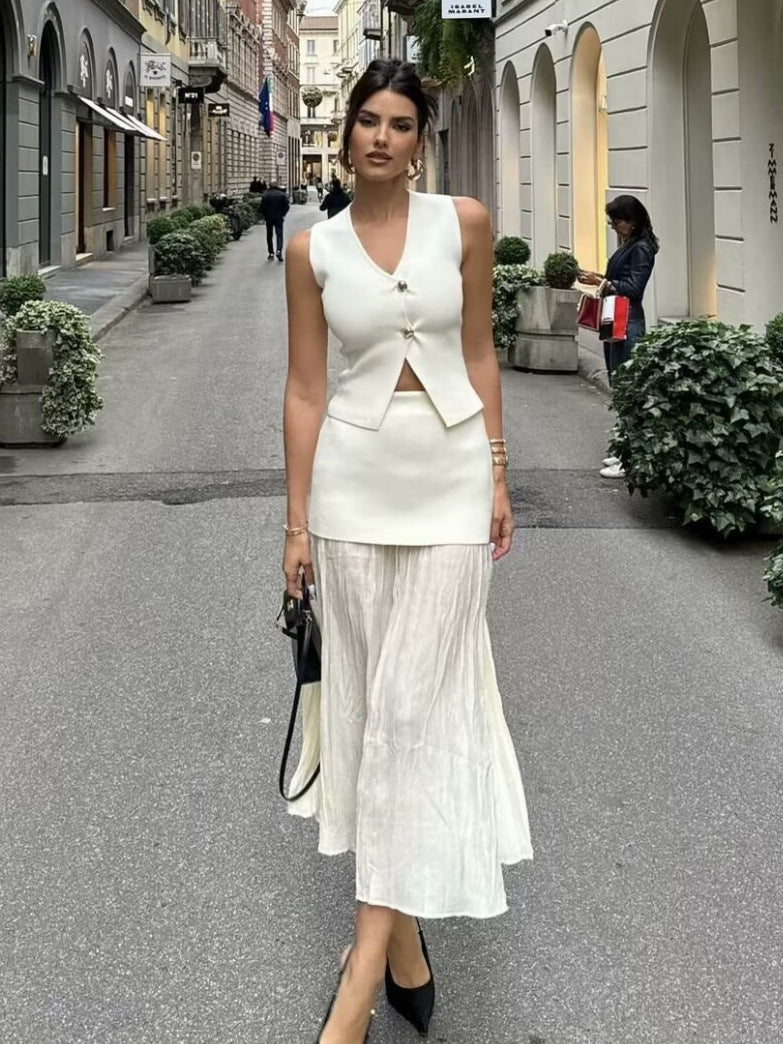 V-neck Button Knitted Vest & Pleated Skirt Set