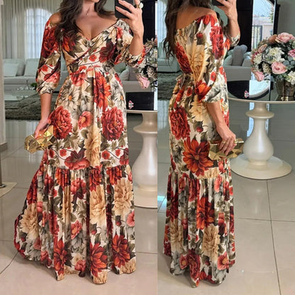 Fashion V-neck Printing Long Sleeve Dress