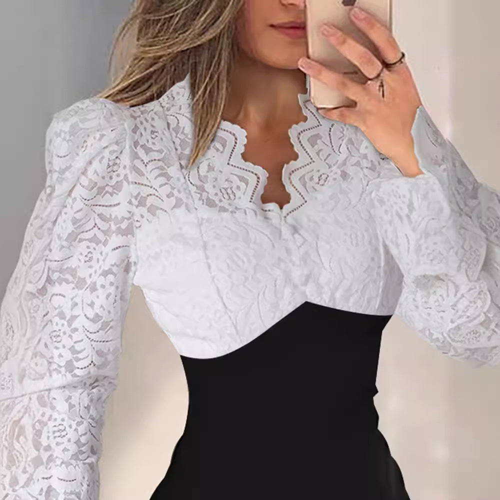 Tight Waist Slim Fit V-neck Lace Splicing Package Arm Skirt
