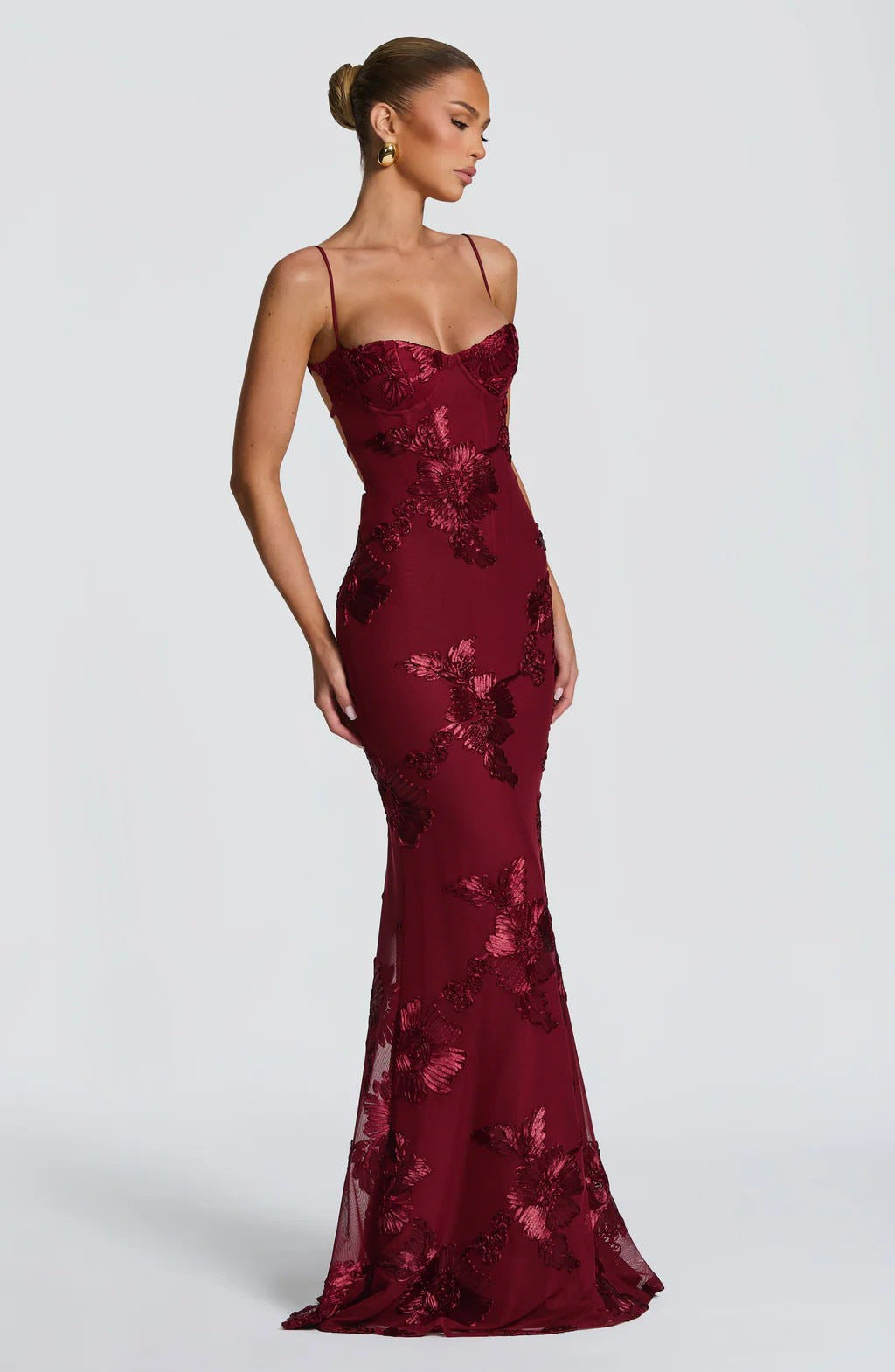 Floral Appliqué Backless Mermaid Evening Gown