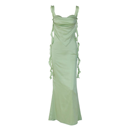 Strap Backless Ruffled Ribbon Dress
