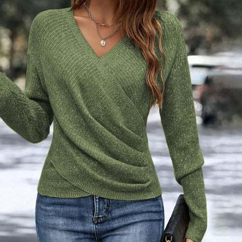 Hot-Selling V-Neck Long Sleeve Cross Solid Color Knitted Sweater