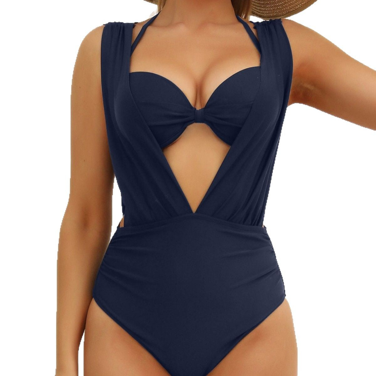 Deep V Gathered Bra High Waist Bikini Two-Piece Swimsuit