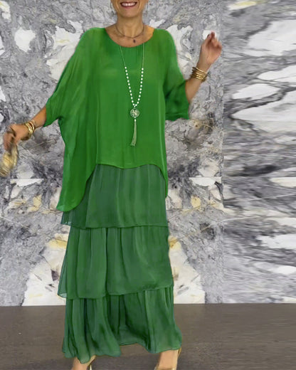 New Chiffon Mesh round-Neck Long Dress