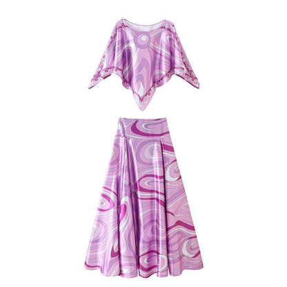 Women's Casual Set Printed Color Top + Flared Printed Color Skirt