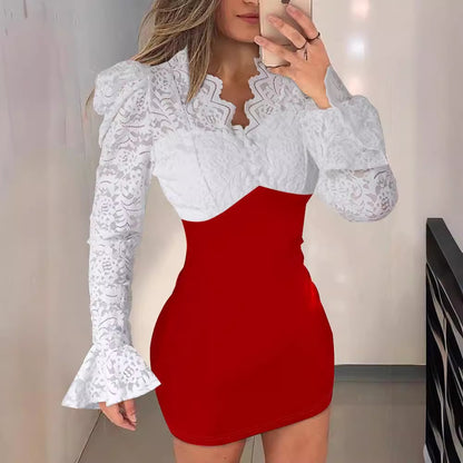 Tight Waist Slim Fit V-neck Lace Splicing Package Arm Skirt