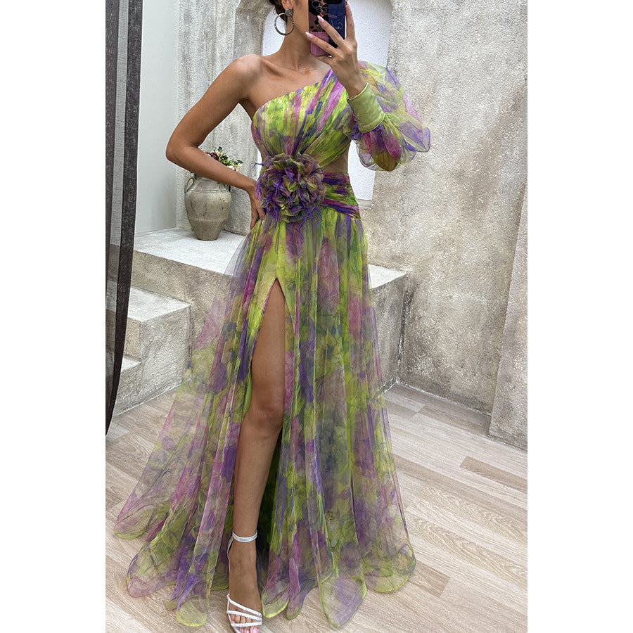 New Party Mesh Sloping Shoulder Dress