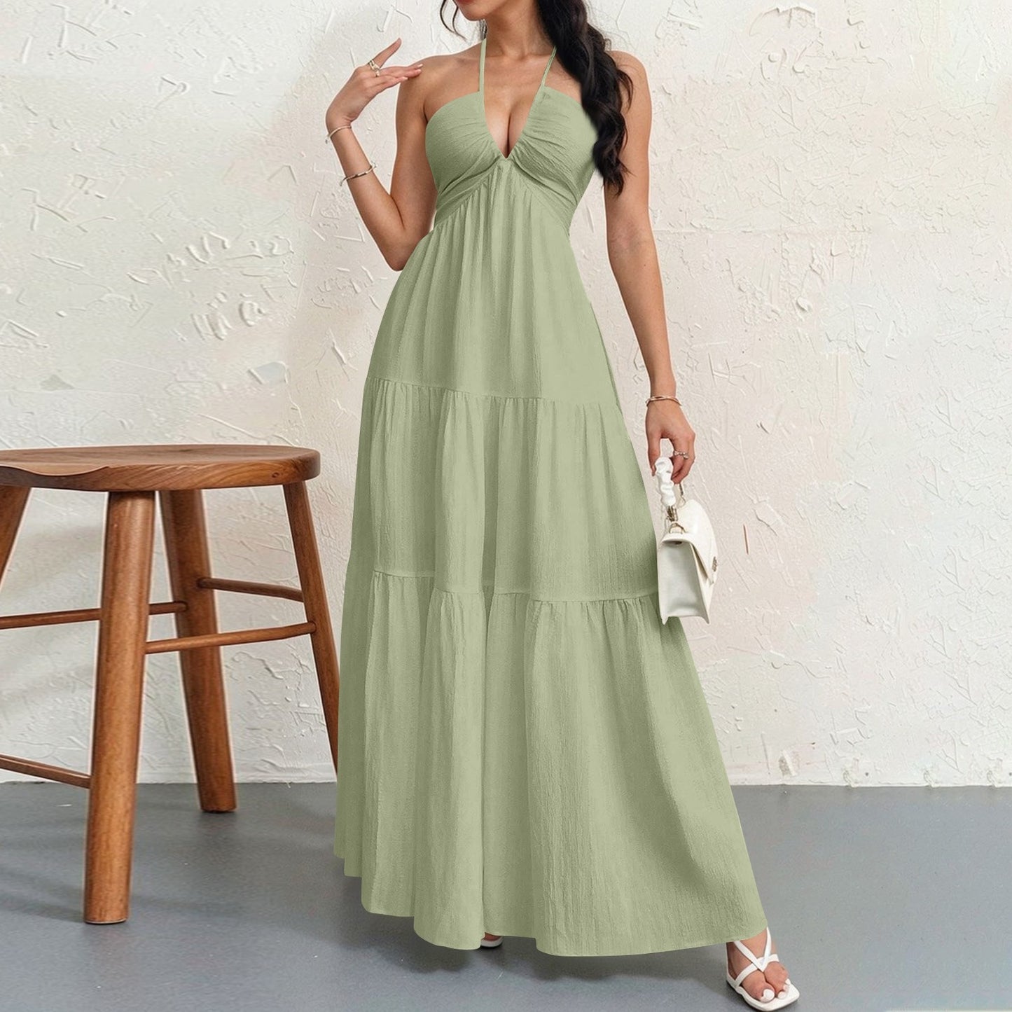 Women's Halter Neck Maxi Dress - Elegant Tie-Up Backless Sundress