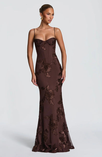 Floral Appliqué Backless Mermaid Evening Gown