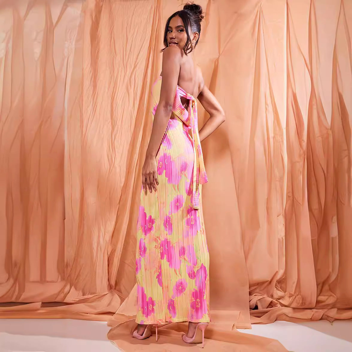 Tube Top Printed Pleated Slim-Fit Bow Long Dress