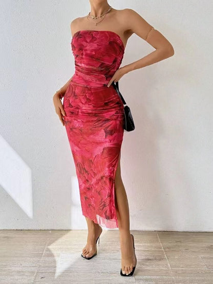 Mesh Floral Pleated Tight Strapless Tube Dress