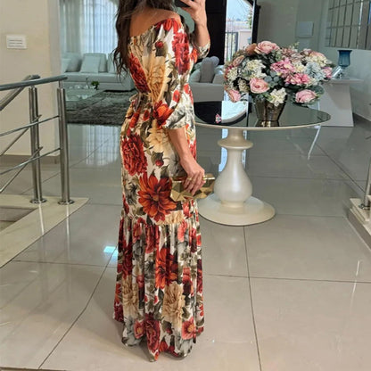 Fashion V-neck Printing Long Sleeve Dress