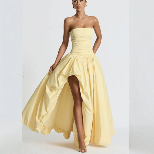 Strapless Slit Tie Solid Color Dress