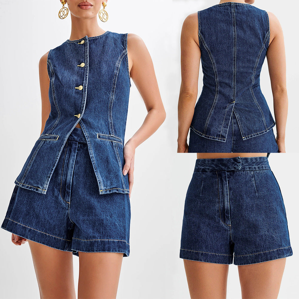 Fashion Casual Sleeveless High Waist Denim Suit