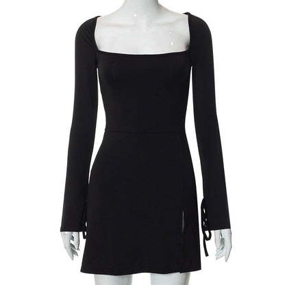 Square Collar Long Sleeve Hip Split Dress