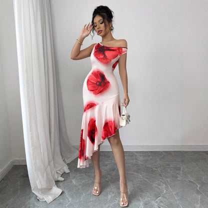 Asymmetric Hibiscus Floral Dress