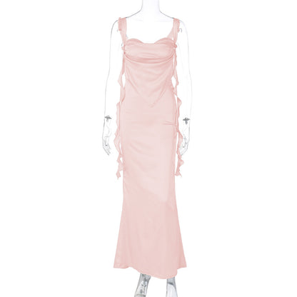 Strap Backless Ruffled Ribbon Dress