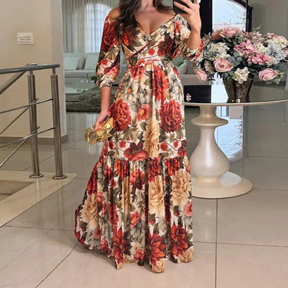 Fashion V-neck Printing Long Sleeve Dress
