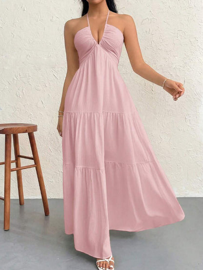 Women's Halter Neck Maxi Dress - Elegant Tie-Up Backless Sundress