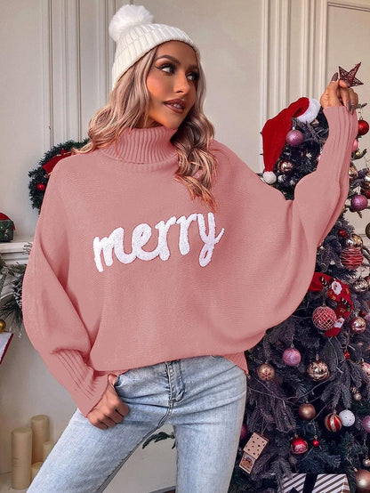 Christmas Embroidered High Collar Loose Knitted Sweater