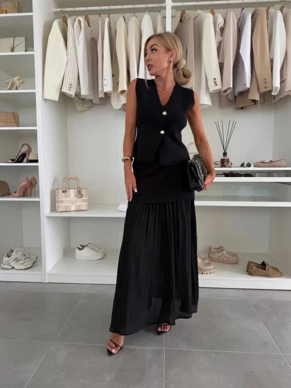 V-neck Button Knitted Vest & Pleated Skirt Set