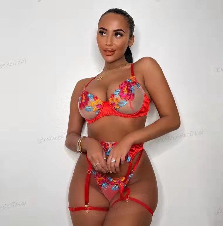 Embroidered Flower Bra Stockings Thong 4 Piece Set