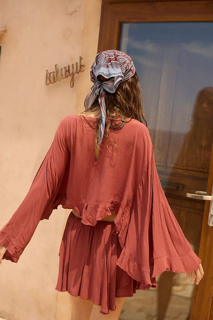 Maya Bell Sleeve Top & Ruffle Mini Skirt Two-Piece Set