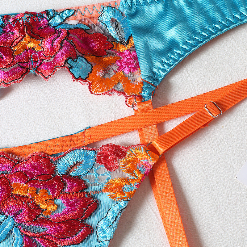 Embroidered Flower Bra Stockings Thong 4 Piece Set
