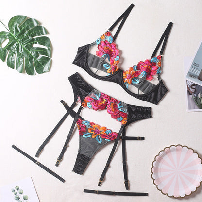 Embroidered Flower Bra Stockings Thong 4 Piece Set