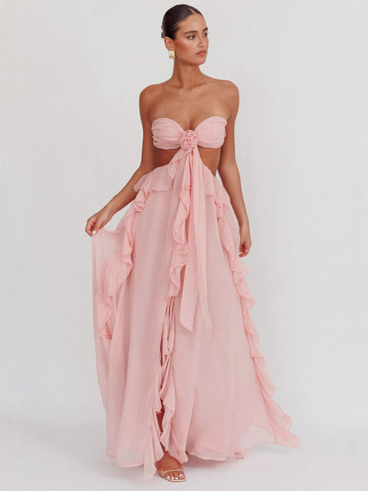 Sexy Tube Top Backless Lace Up Ruffled Long Skirt