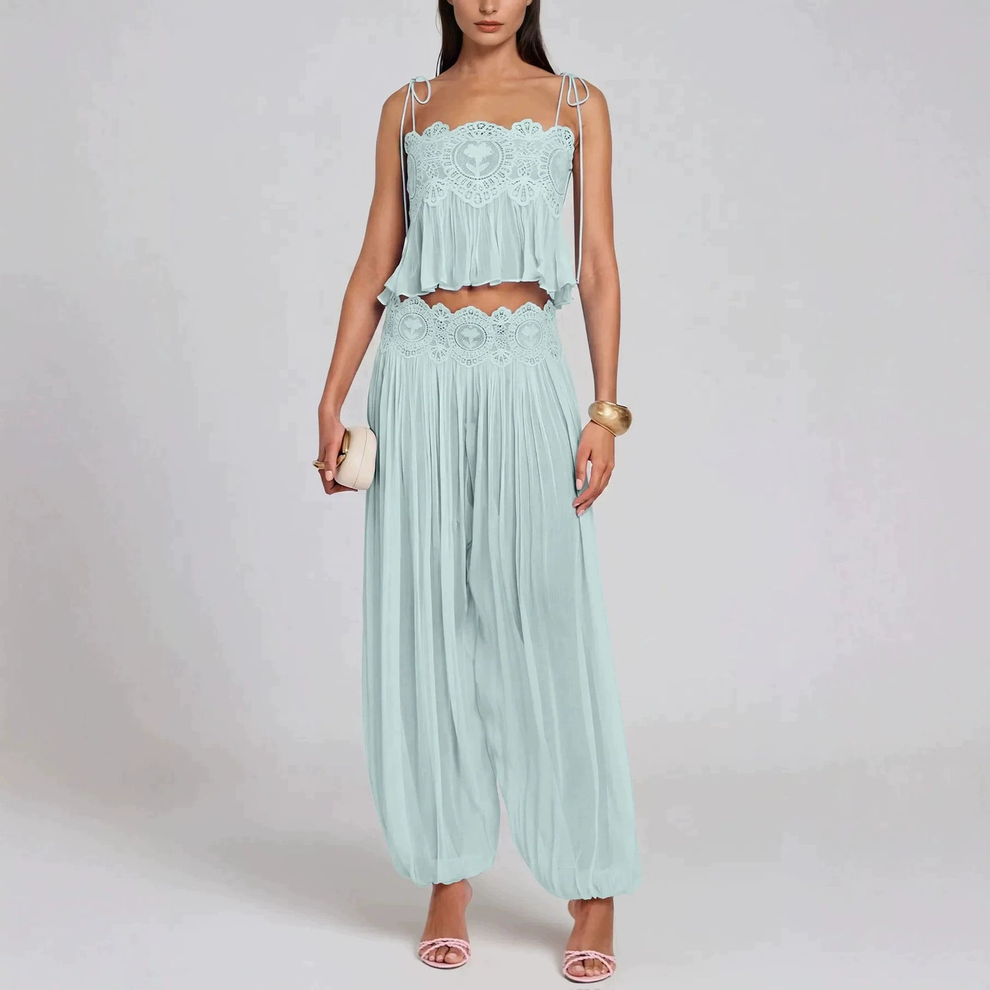 Boho Lace Cami Two-Piece Set – Crop Top & Wide-Leg Pants, Vacation Resort Wear
