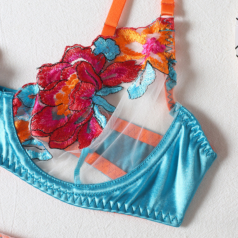 Embroidered Flower Bra Stockings Thong 4 Piece Set