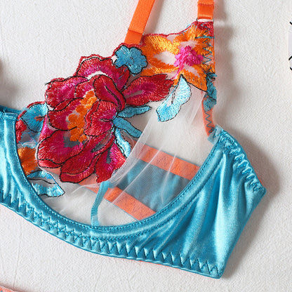 Embroidered Flower Bra Stockings Thong 4 Piece Set