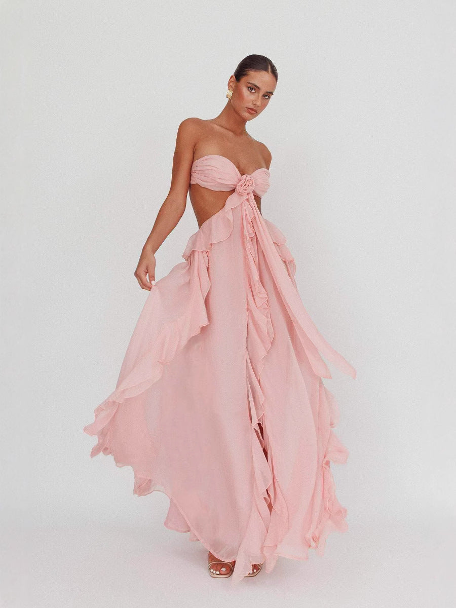 Sexy Tube Top Backless Lace Up Ruffled Long Skirt