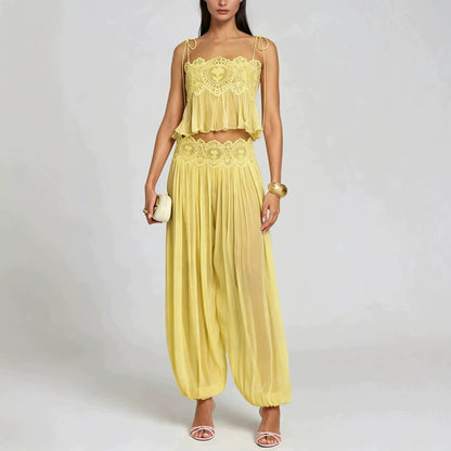 Boho Lace Cami Two-Piece Set – Crop Top & Wide-Leg Pants, Vacation Resort Wear