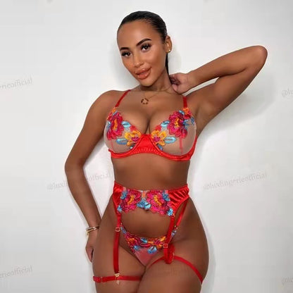 Embroidered Flower Bra Stockings Thong 4 Piece Set