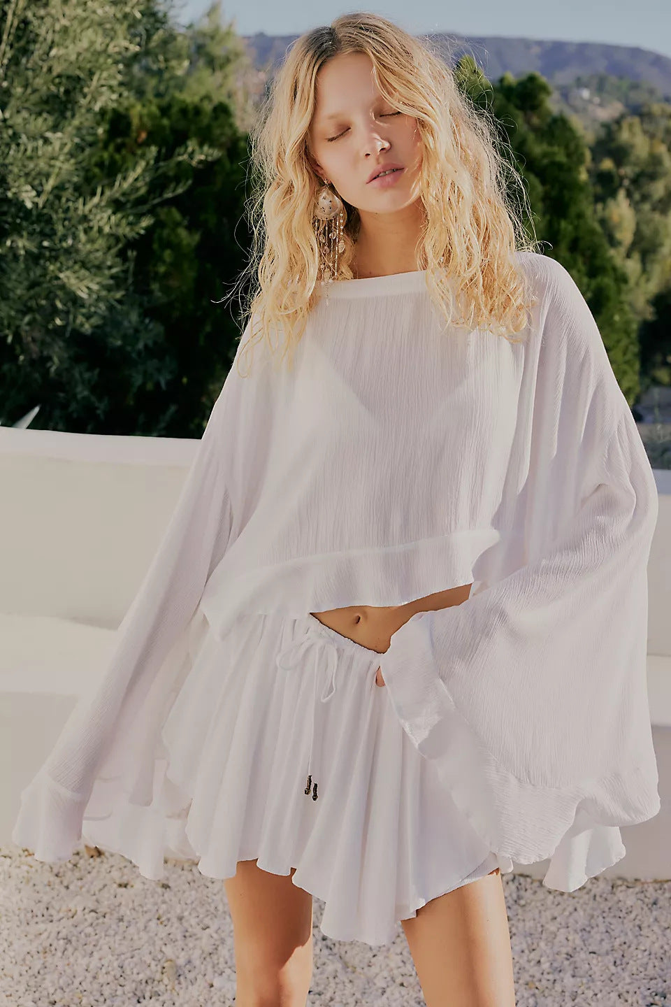 Maya Bell Sleeve Top & Ruffle Mini Skirt Two-Piece Set