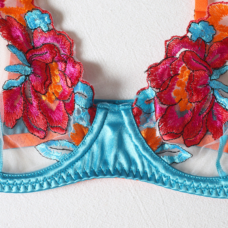 Embroidered Flower Bra Stockings Thong 4 Piece Set