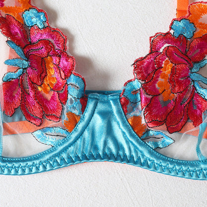 Embroidered Flower Bra Stockings Thong 4 Piece Set
