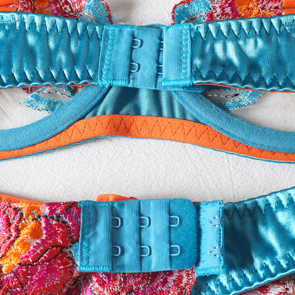 Embroidered Flower Bra Stockings Thong 4 Piece Set