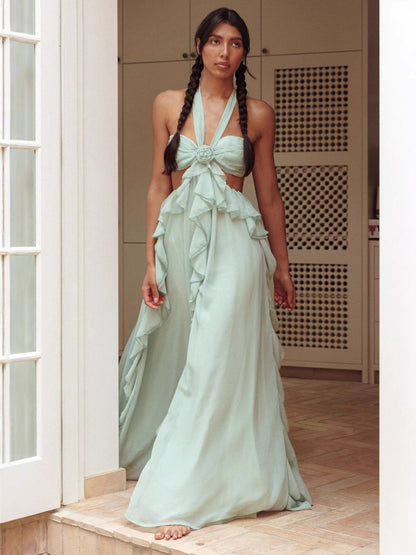 Sexy Tube Top Backless Lace Up Ruffled Long Skirt