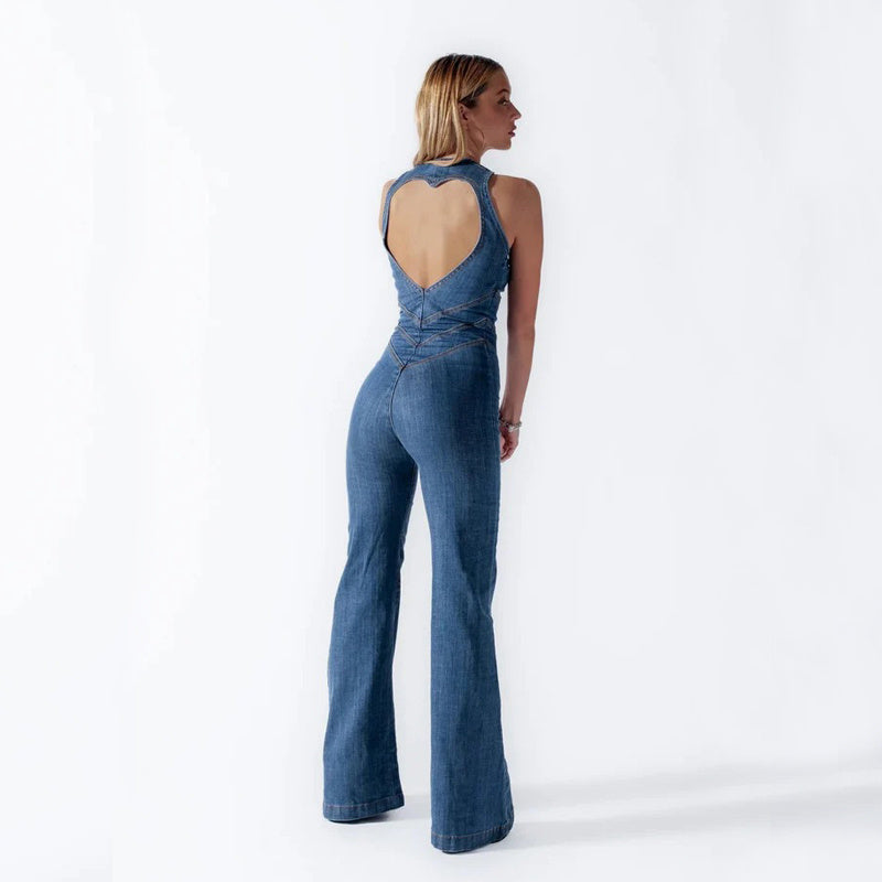 Backless Retro Style High Waist Denim Jumpsuit