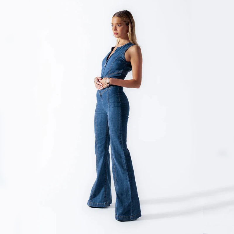 Backless Retro Style High Waist Denim Jumpsuit