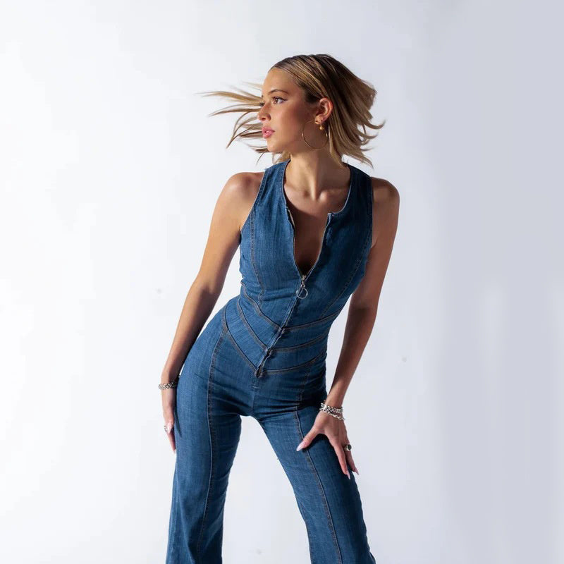 Backless Retro Style High Waist Denim Jumpsuit
